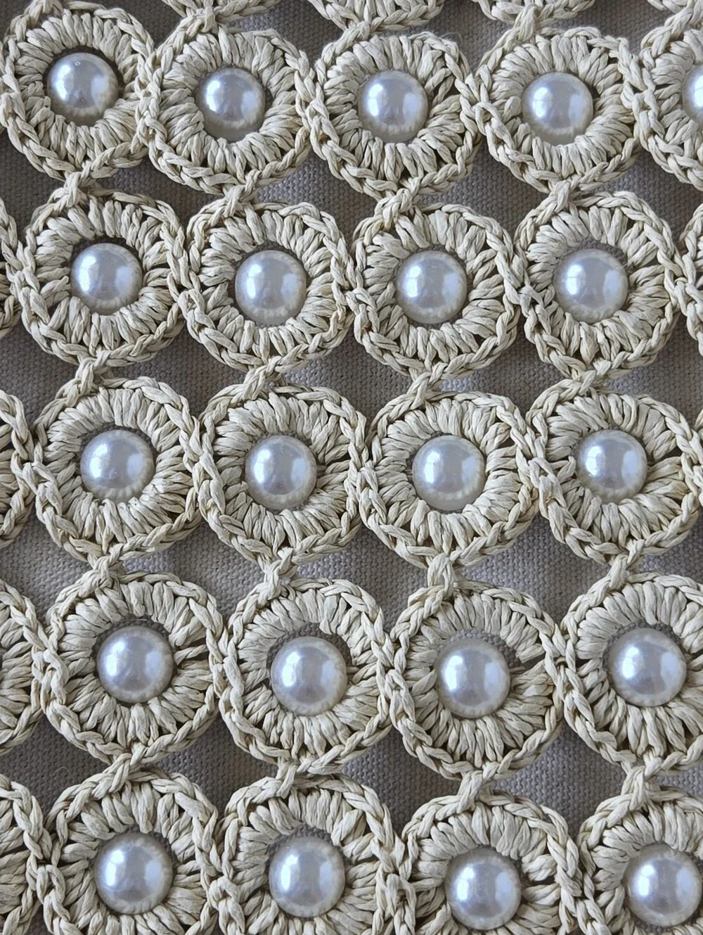 Haute Hippie Knit Crochet Shoulder Bag Pearl Accents Neutral Boho Chic